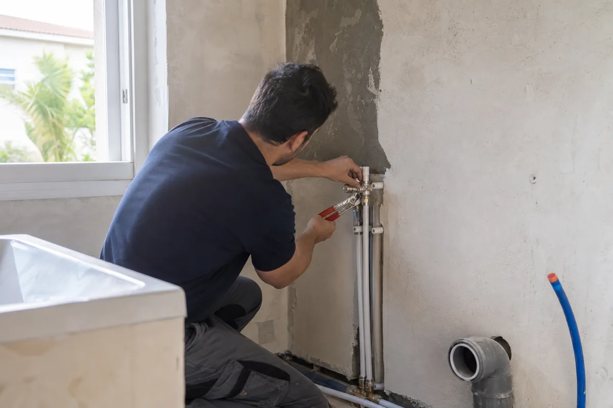 Plombier posant une canalisation multicouche dans une salle d&rsquo;eau à La Seyne-sur-Mer