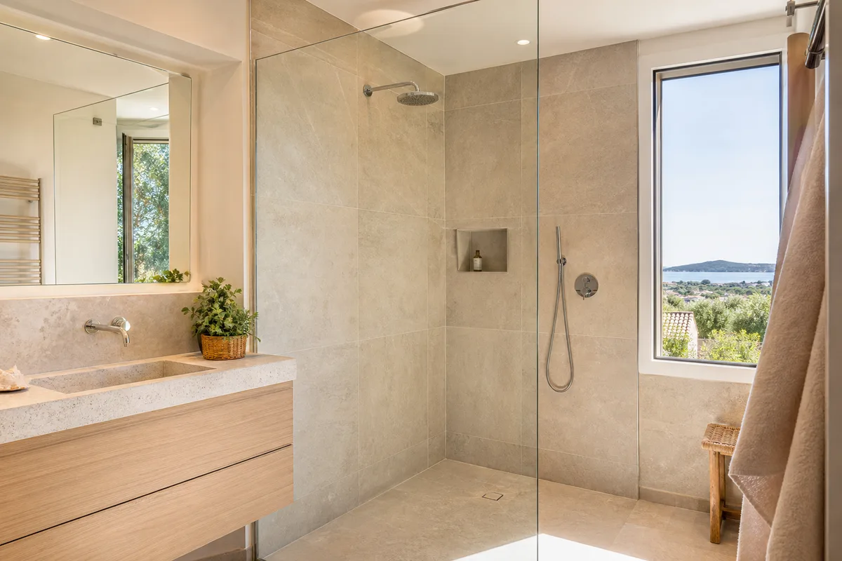 Douche à l&rsquo;italienne carrelée dans une salle de bains rénovée près de La Seyne-sur-Mer